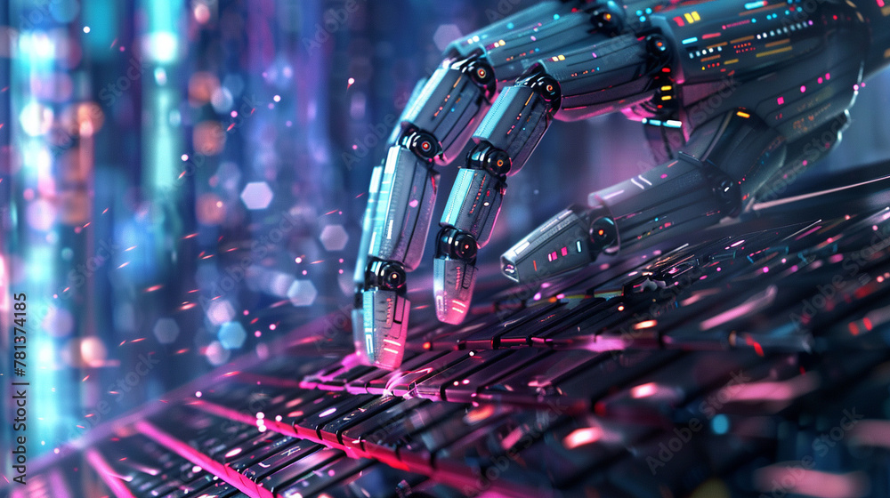 D animated robot hand typing on a keyboard against a backdrop background of a digital cityscape