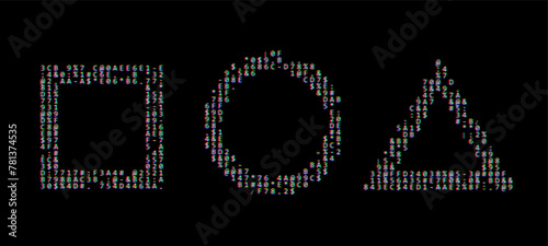 Glitched Frames Geometric Design - Circle, Square, Triangle. ASCII Text Art Style Shapes Background. Glitch Design for Graphic Design - Banner, Poster, Flyer, Brochure, Card. Vector Illustration.