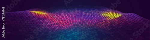 Flowing Hexagonal Grid Waves Banner. Music Abstract Tech Background. Vector Sound Wave Technology Concept. Audio Equalizer 3D Visualization. EPS 10.