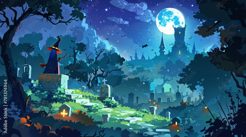 The beautiful witch stands on a cemetery at night with a spooky hat flying on a broom. Modern cartoon illustration with graveyard and girl in magician costume. Scary Halloween illustration.