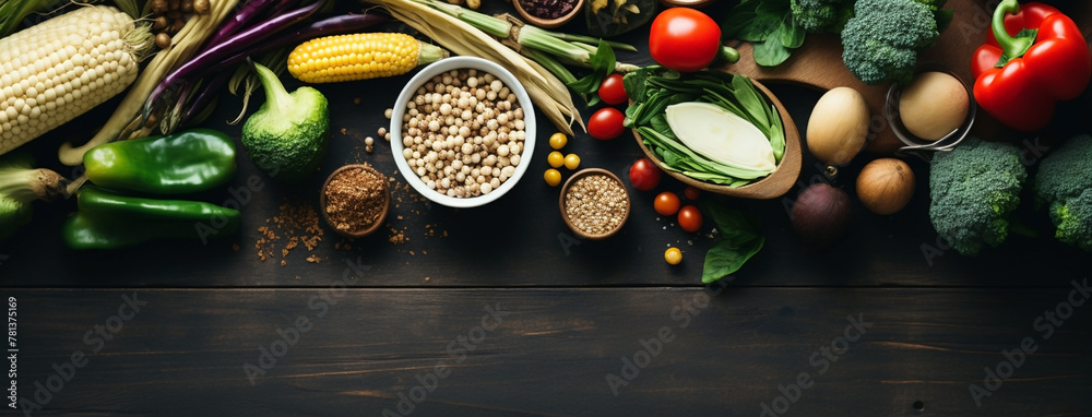 Wide view from above banner image of Vegetarian Day food banner with different types of vegetables and fruit items in a manner on black color wooden table with copy space Wide view from above banner image of Vegetarian Day food banner with different types of vegetables and fruit items in a manner on black color wooden table with copy space
