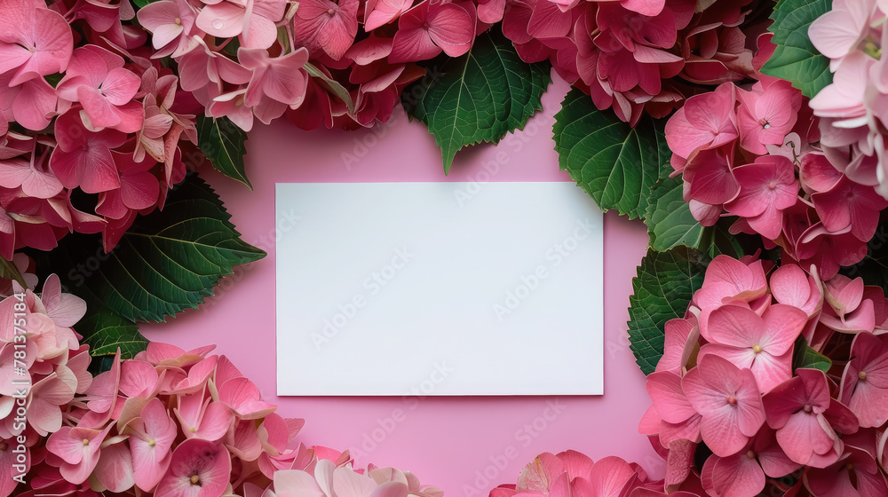 empty clean background surrounded by pink hydrangea flowers, card, invitation, layout, blank, nature, beauty, beauty, garden, spring, summer, sheet of paper empty clean background surrounded by pink hydrangea flowers, card, invitation, layout, blank, nature, beauty, beauty, garden, spring, summer, sheet of paper