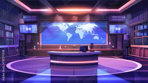 TV news set room with round table, blue screen and world map as symbol. Modern cartoon illustration of a video channel studio interior with a newscaster's desk.