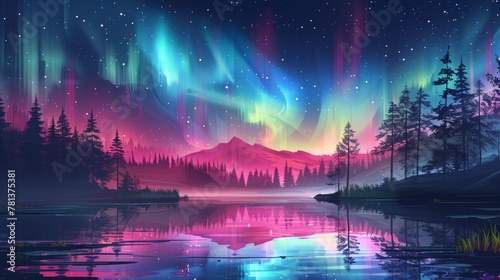An aurora borealis shines over night lake in a starry sky, polar lights in natural landscape. A Northern amazing iridescent glowing wavy illumination shines above water surface. Cartoon illustration photo