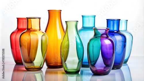 There are colored glass bottles of different sizes on a white background, the image quality is high