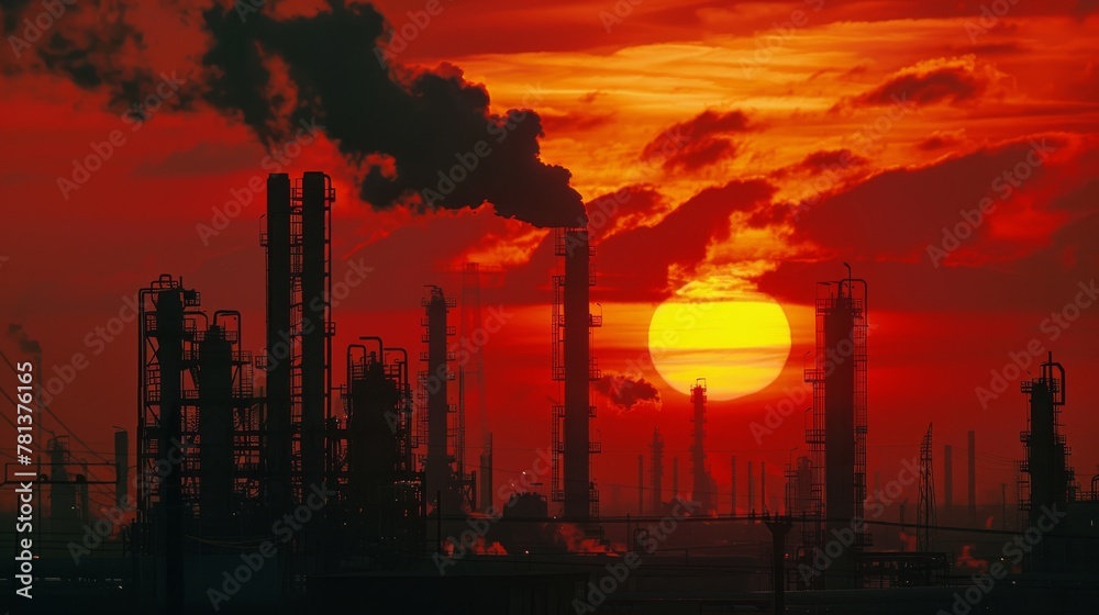 Detailed photograph of a refinery processing crude oil with an intricate network of pipes and distillation towers against the backdrop of a setting sun