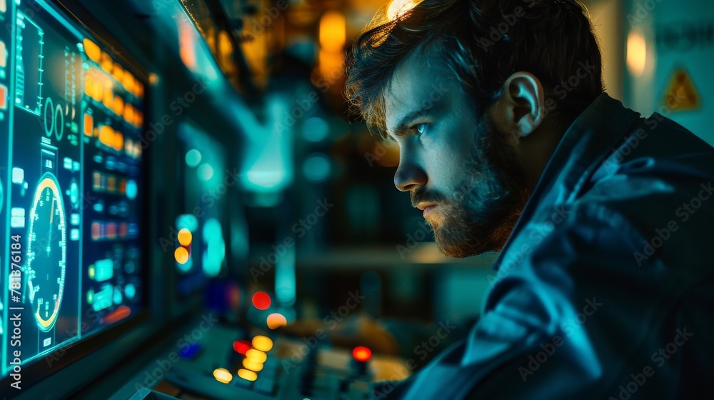 Documentary-style photo of a technician closely monitoring the settings on an injection molding machines control panel Documentary-style photo of a technician closely monitoring the settings on an injection molding machines control panel