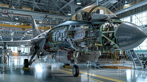A detailed view of a fighter jet in an industrial hangar, highlighting technical maintenance.