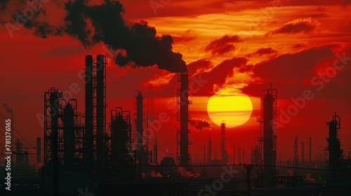 Detailed photograph of a refinery processing crude oil with an intricate network of pipes and distillation towers against the backdrop of a setting sun © JR-50