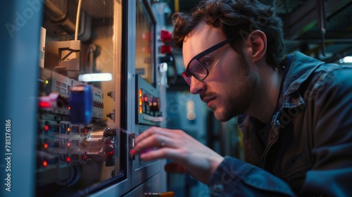 Documentary-style photo of a technician closely monitoring the settings on an injection molding machines control panel photo