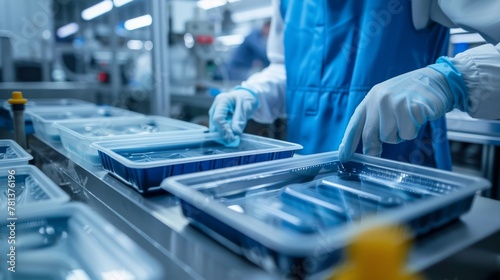 Documentary-style photo of an operator inspecting thermoformed plastic trays on a production line