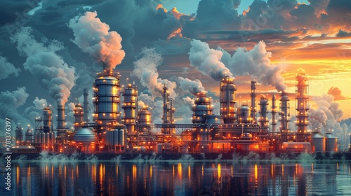 Vibrant detailed illustration depicting the journey of crude oil through the refining process photo