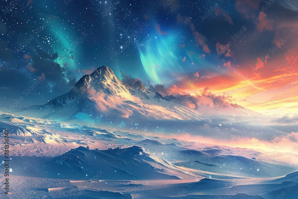 Fototapeta premium Frozen landscape under the Northern Lights