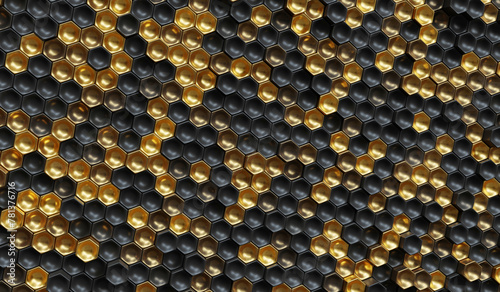 Black and gold hexagon abstract array background 3d rendering	
