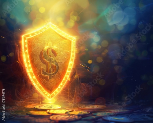 Money guarded by a luminous shield, symbolizing asset protection, set against a cautionary backdrop. photo