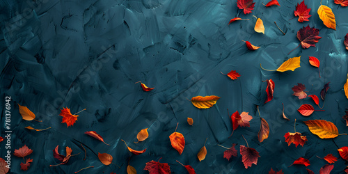 Autumn background with colored red leaves on blue slate background.