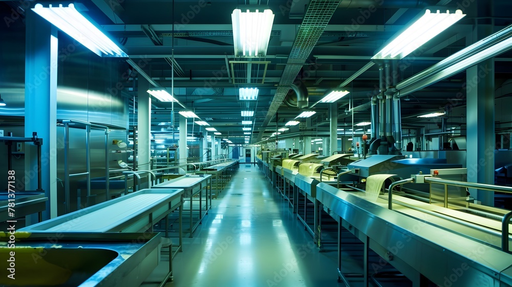 Fototapeta premium Efficient Food Production Facility Operating During Nighttime Shift Under Fluorescent Lighting