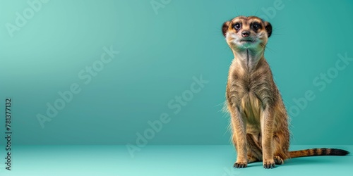 meerkat standing, isolated on left side of pastel teal background with copy space.