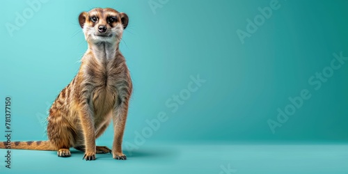 meerkat standing, isolated on left side of pastel teal background with copy space. photo