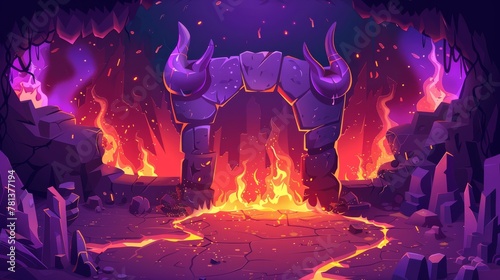 The entrance to hell or infernal world with lava, devil altar with stone horns and burning fire on top, stalactite rocks, magma, and a cartoon modern of a blazing satan sanctuary.