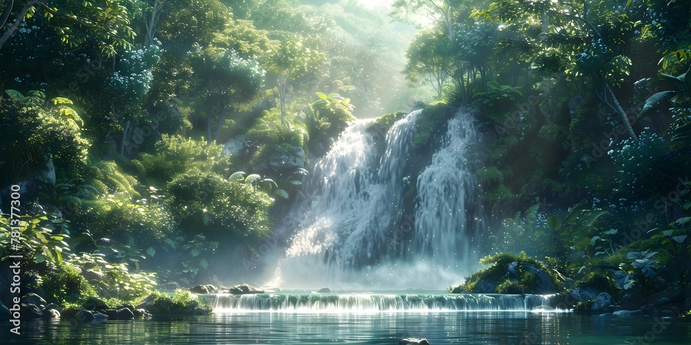 Lush Rainforest Waterfall Carving Tranquil Path Through Verdant Landscape Lush Rainforest Waterfall Carving Tranquil Path Through Verdant Landscape