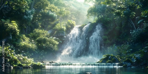 Lush Rainforest Waterfall Carving Tranquil Path Through Verdant Landscape