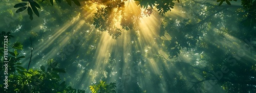 Lush Canopy of Forest Bathing in Heavenly Sunbeams Filtering Through Leaves
