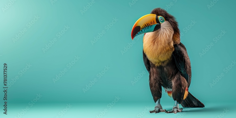Fototapeta premium Toucan standing, isolated on left side of pastel teal background with copy space.