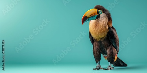 Toucan standing, isolated on left side of pastel teal background with copy space. photo
