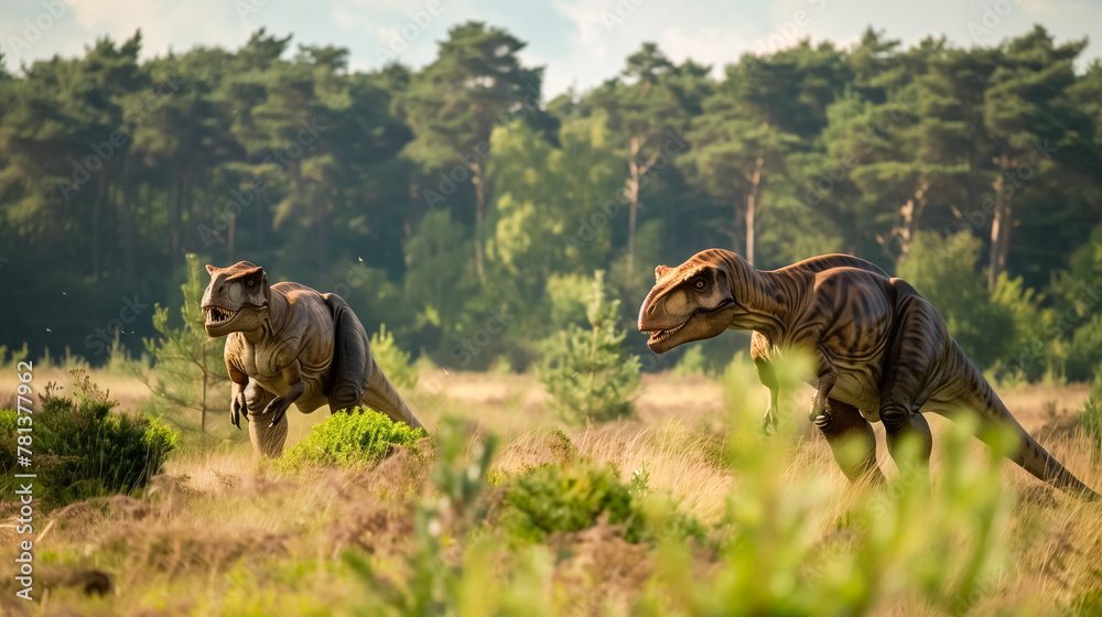 Fototapeta premium Two dinosaurs in a lush, sunlit forest.