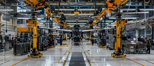 Wide-angle shot of a high-tech drone production line, with drones in various assembly stages, workers monitoring progress in a state-of-the-art facility photo