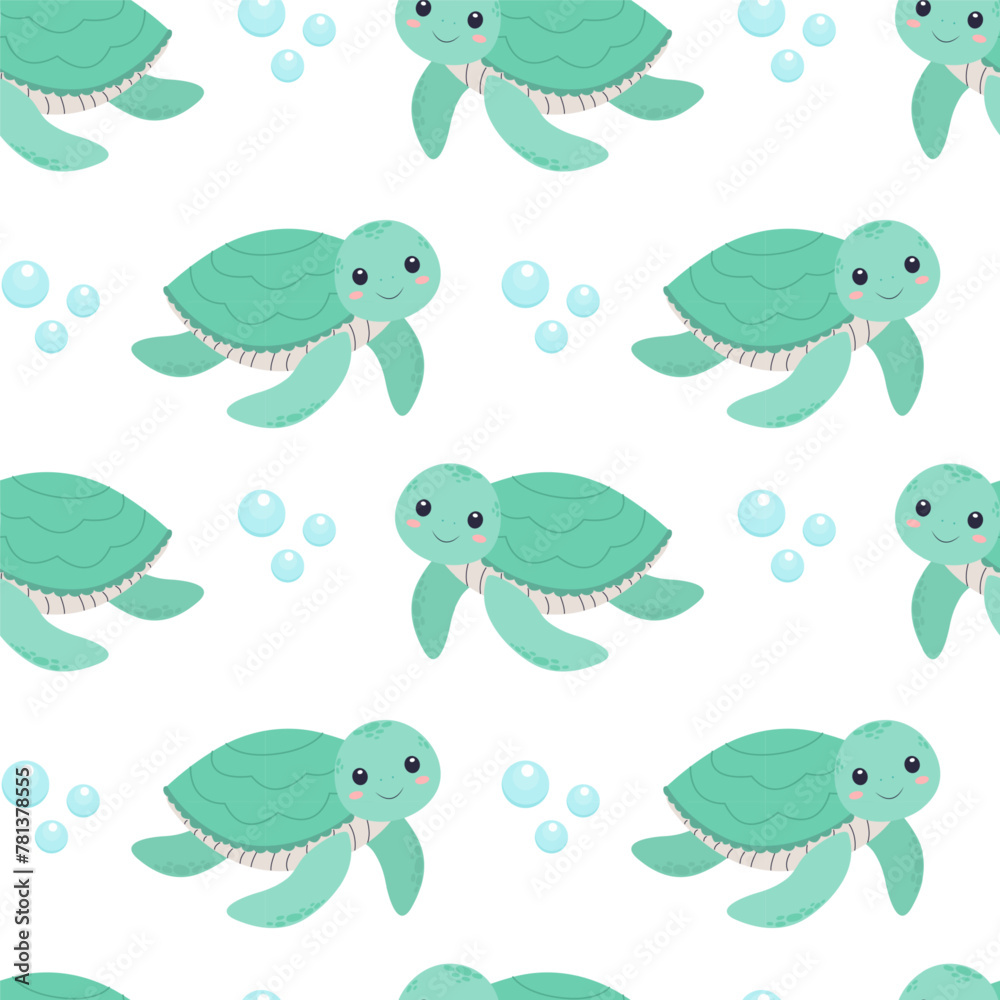 Seamless pattern with cute turtles air bubbles. Baby background, design for scrapbooking, wrapping paper, wallpaper, nursery. Cartoon hand drawn style.