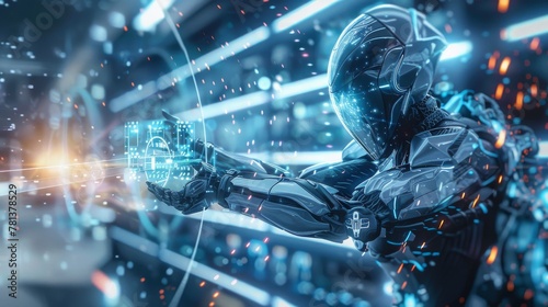 A futuristic knight equipping armor and weapons from a holographic arsenal before battle photo