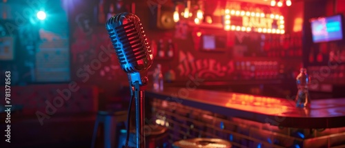 A karaoke bar scene with a microphone and colorful lighting, providing a fun and casual backdrop for singing event banners photo