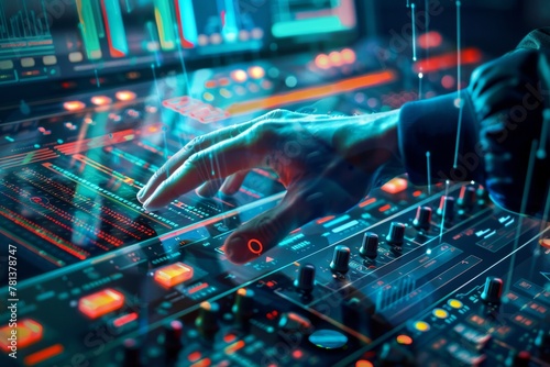 A music producer mixing a track with a holographic soundboard, adjusting virtual knobs and sliders to perfect the sound