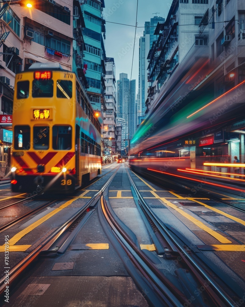 Fototapeta premium A railway crossing in the city, where the blur of a passing train captures the fleeting nature of urban life