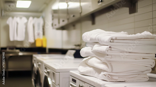 Neatly folded white towels stacked on a washing machine in a clean  well-lit laundry room with hanging white shirts and modern appliances.