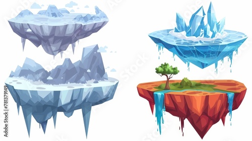 Icing crystal islands float in swirls of water  volcanoes  and deserts in a fantasy landscape  game level design in a cartoon UI  jumping platforms on a flying platform  graphics for a mobile or PC