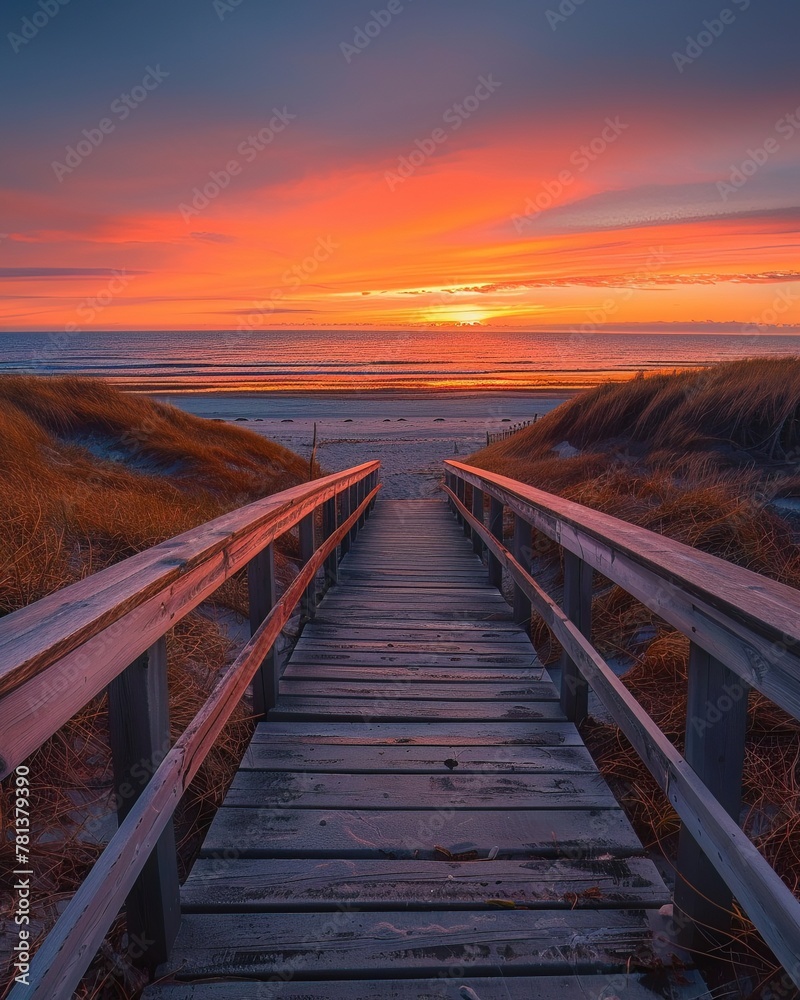 An empty wooden boardwalk leading to a beach at sunrise, the sky painted in hues of orange and pink