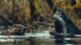 Beaver confronts a shark in rainwater surrounded by dense vegetation