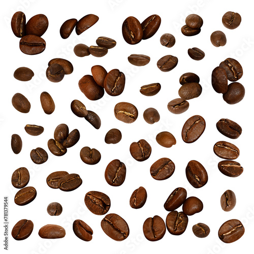 Many big whole coffee beans set isolated on transparent background. Roasted premium cut out grains PNG. Photo for cosmetic, liqueur packaging design, advertising concept layout. Different varieties