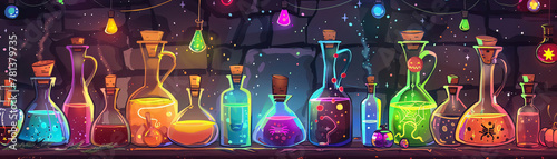 Cartoon potion bottles with colorful brews, alchemist theme, room for Halloween party essentials