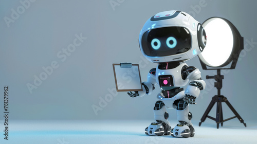 Cute 3D robot as a film director, orchestrating movie sets with its digital clipboard, directing actors with enthusiastic beeps