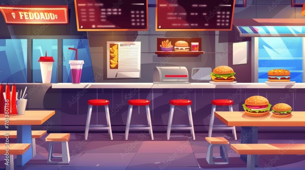 The interior of the fastfood restaurant contains burgers, pizzas, donuts, and drinks. This modern cartoon illustration shows an empty fastfood canteen with a counter, menu, tables and chairs. The interior of the fastfood restaurant contains burgers, pizzas, donuts, and drinks. This modern cartoon illustration shows an empty fastfood canteen with a counter, menu, tables and chairs.