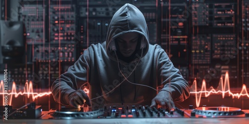 DJ in a hoodie, head pulsing into sound waves and headphones, at a turntable
