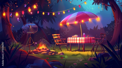 Cartoon modern illustration of a barbecue area in a backyard at night with a table covered in a chequered tablecloth, chairs and umbrellas decorated with an illuminated garland. A picnic barbecue photo