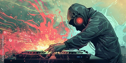 DJ in a hoodie, head pulsing into sound waves and headphones, at a turntable photo