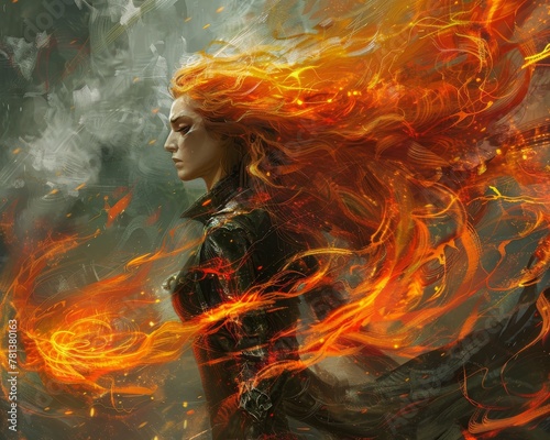 Elemental combatant with hair aflame, poised for combat in a storm of fiery might photo