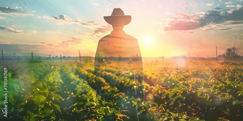 Farmer with a double exposure of lush fields and the early morning sun cresting the horizon photo