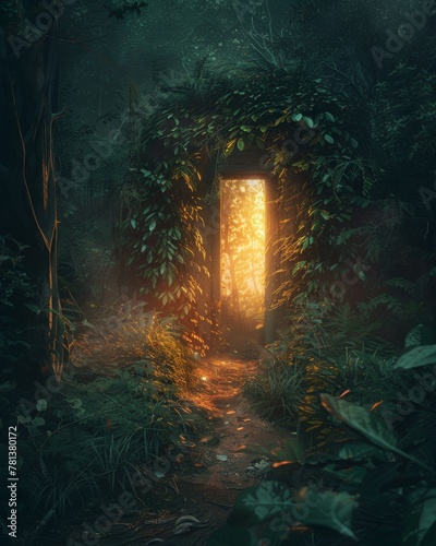 Ethereal forest scene with a mystical door glowing with holy light, guiding the way to success, lush greenery and mist photo